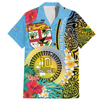 Vanuatu Malampa Fiji Day Family Matching Off Shoulder Maxi Dress and Hawaiian Shirt Happy 10 October With Maps Tropical Flowers LT14 Dad's Shirt - Short Sleeve Blue - Polynesian Pride