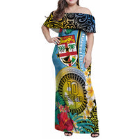 Vanuatu Malampa Fiji Day Family Matching Off Shoulder Maxi Dress and Hawaiian Shirt Happy 10 October With Maps Tropical Flowers LT14 Mom's Dress Blue - Polynesian Pride