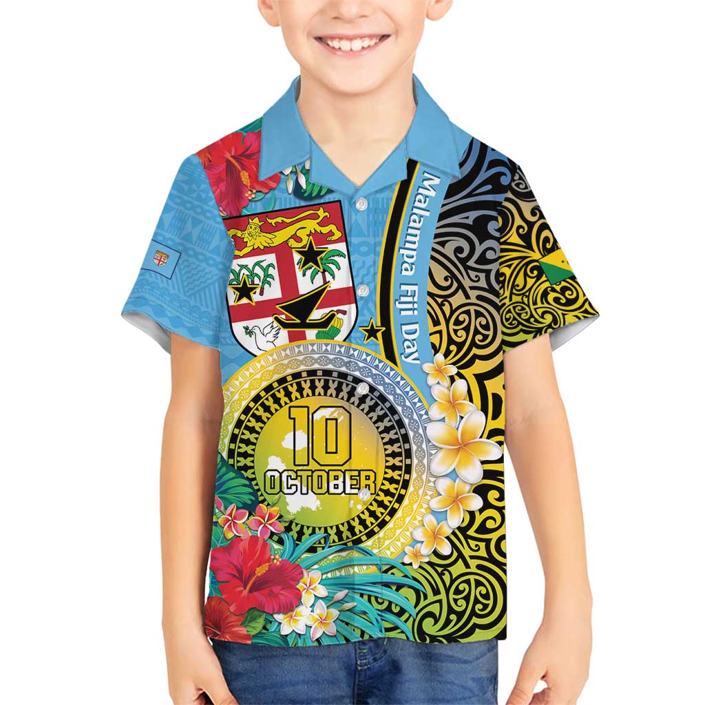 Vanuatu Malampa Fiji Day Family Matching Off Shoulder Maxi Dress and Hawaiian Shirt Happy 10 October With Maps Tropical Flowers LT14 Son's Shirt Blue - Polynesian Pride
