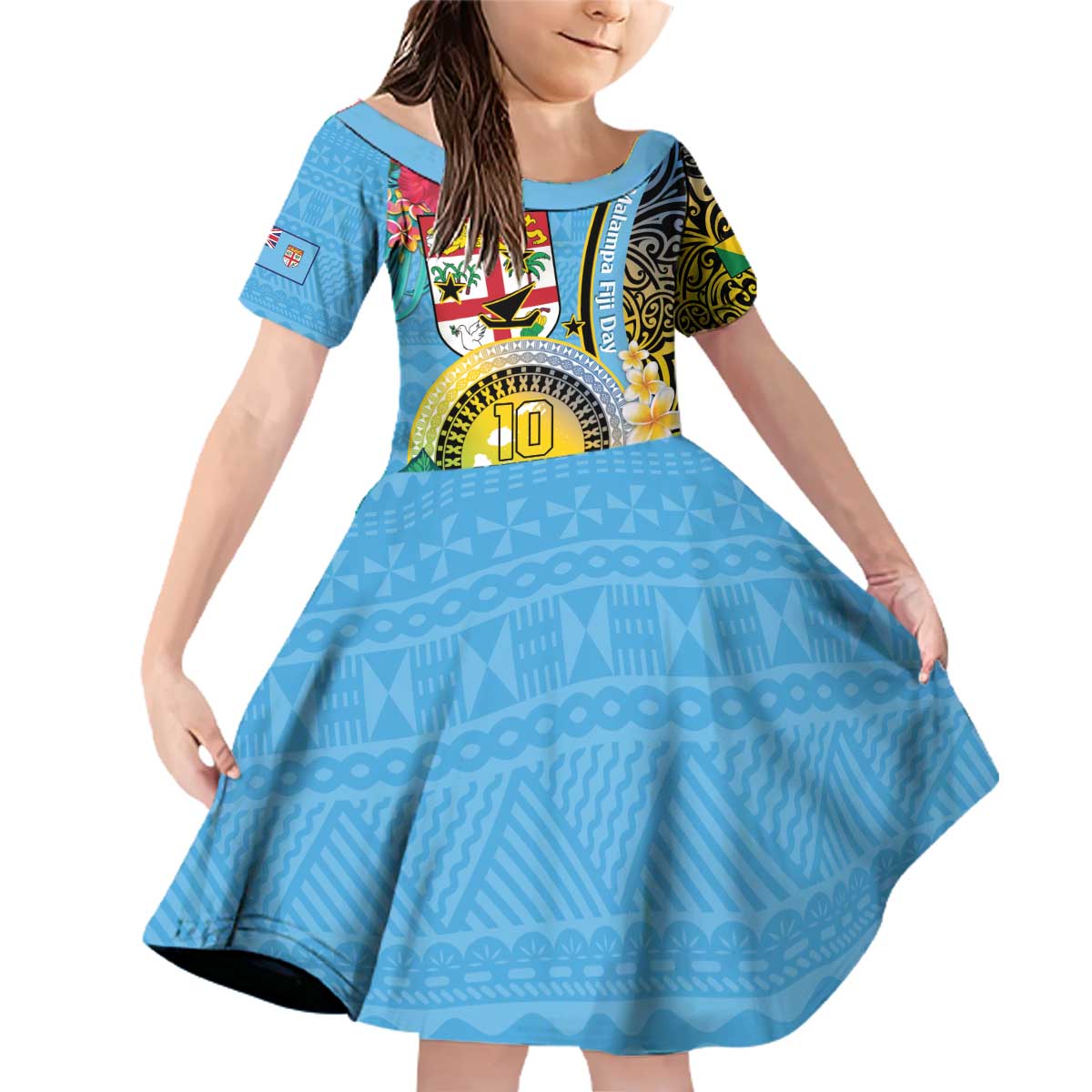 Vanuatu Malampa Fiji Day Family Matching Off Shoulder Short Dress and Hawaiian Shirt Happy 10 October With Maps Tropical Flowers LT14 Daughter's Dress Blue - Polynesian Pride