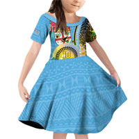 Vanuatu Malampa Fiji Day Family Matching Off Shoulder Short Dress and Hawaiian Shirt Happy 10 October With Maps Tropical Flowers LT14 Daughter's Dress Blue - Polynesian Pride