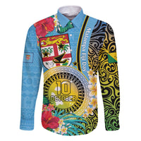 Vanuatu Malampa Fiji Day Family Matching Off Shoulder Short Dress and Hawaiian Shirt Happy 10 October With Maps Tropical Flowers LT14 Dad's Shirt - Long Sleeve Blue - Polynesian Pride