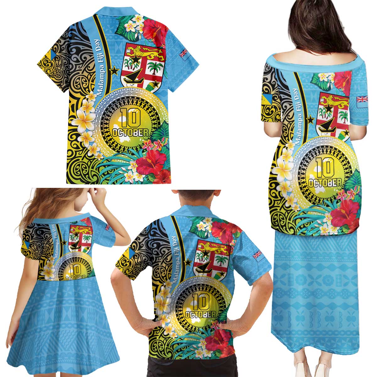 Vanuatu Malampa Fiji Day Family Matching Puletasi and Hawaiian Shirt Happy 10 October With Maps Tropical Flowers LT14 - Polynesian Pride