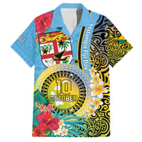 Vanuatu Malampa Fiji Day Family Matching Puletasi and Hawaiian Shirt Happy 10 October With Maps Tropical Flowers LT14 Dad's Shirt - Short Sleeve Blue - Polynesian Pride