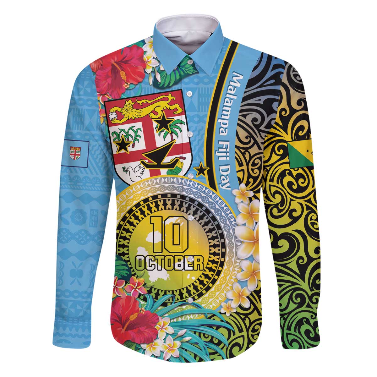 Vanuatu Malampa Fiji Day Family Matching Puletasi and Hawaiian Shirt Happy 10 October With Maps Tropical Flowers LT14 Dad's Shirt - Long Sleeve Blue - Polynesian Pride