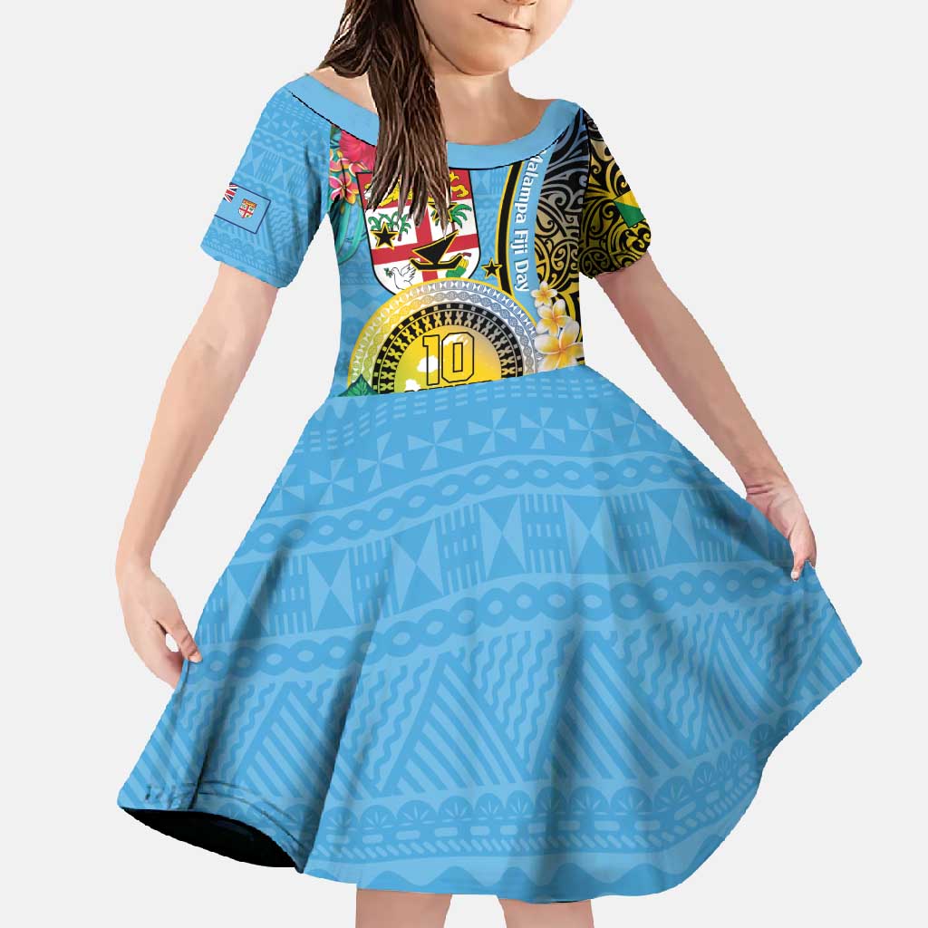 Vanuatu Malampa Fiji Day Family Matching Summer Maxi Dress and Hawaiian Shirt Happy 10 October With Maps Tropical Flowers LT14 Daughter's Dress Blue - Polynesian Pride
