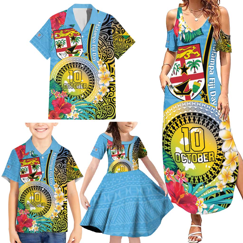Vanuatu Malampa Fiji Day Family Matching Summer Maxi Dress and Hawaiian Shirt Happy 10 October With Maps Tropical Flowers LT14 - Polynesian Pride