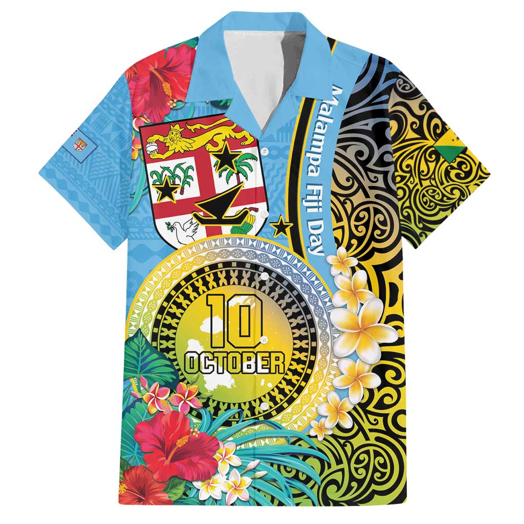 Vanuatu Malampa Fiji Day Family Matching Summer Maxi Dress and Hawaiian Shirt Happy 10 October With Maps Tropical Flowers LT14 Dad's Shirt - Short Sleeve Blue - Polynesian Pride
