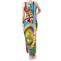 Vanuatu Malampa Fiji Day Family Matching Tank Maxi Dress and Hawaiian Shirt Happy 10 October With Maps Tropical Flowers LT14 Mom's Dress Blue - Polynesian Pride