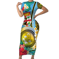 Vanuatu Malampa Fiji Day Short Sleeve Bodycon Dress Happy 10 October With Maps Tropical Flowers LT14 Long Dress Blue - Polynesian Pride