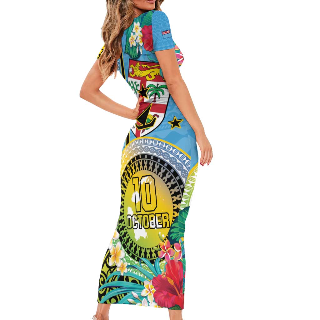 Vanuatu Malampa Fiji Day Short Sleeve Bodycon Dress Happy 10 October With Maps Tropical Flowers LT14 - Polynesian Pride