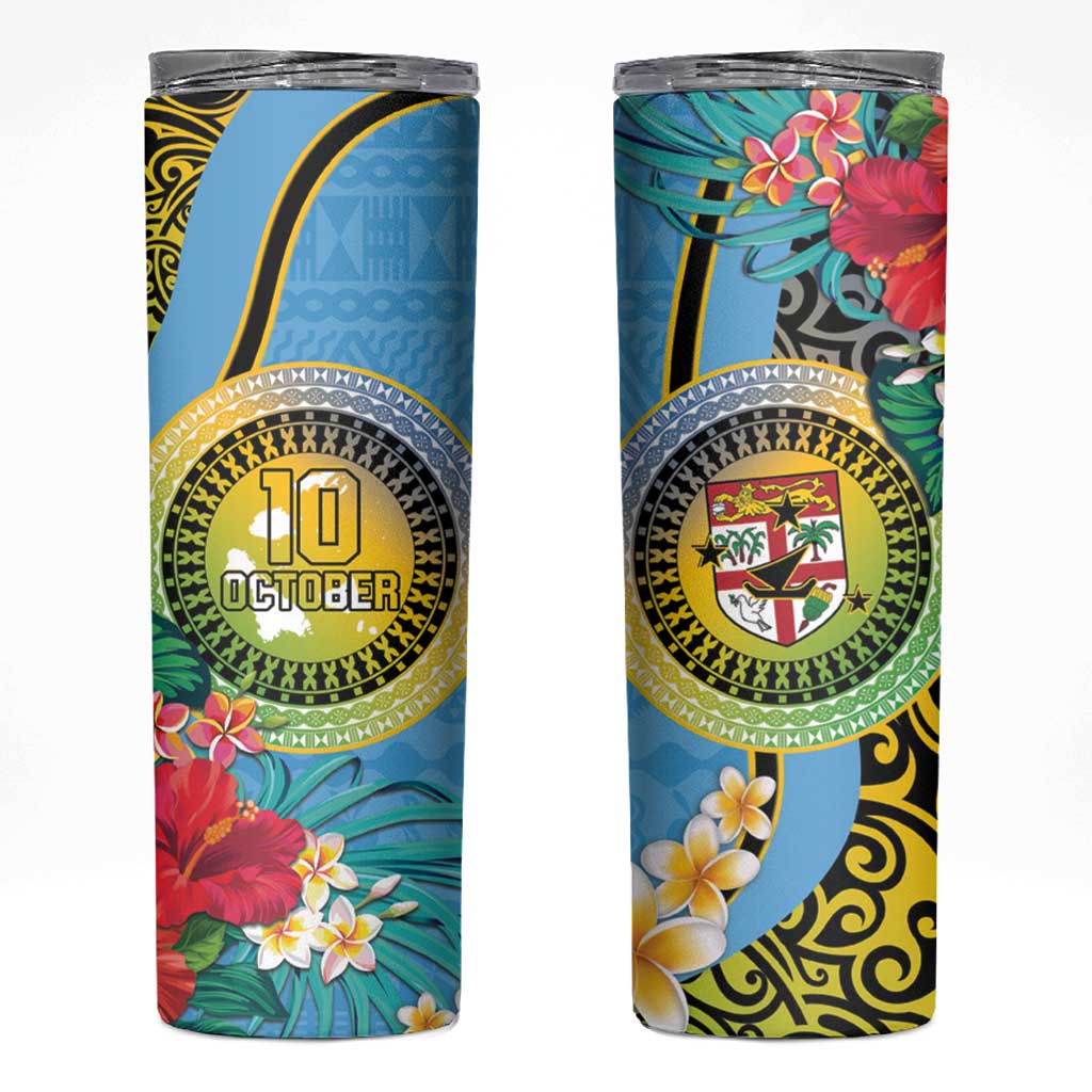 Vanuatu Malampa Fiji Day Skinny Tumbler Happy 10 October With Maps Tropical Flowers LT14 Blue - Polynesian Pride