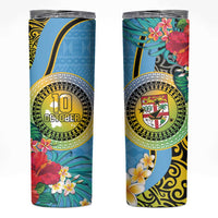 Vanuatu Malampa Fiji Day Skinny Tumbler Happy 10 October With Maps Tropical Flowers LT14 Blue - Polynesian Pride
