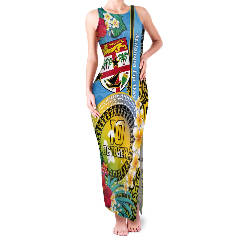 Vanuatu Malampa Fiji Day Tank Maxi Dress Happy 10 October With Maps Tropical Flowers LT14 Women Blue - Polynesian Pride