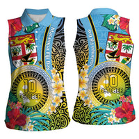 Vanuatu Malampa Fiji Day Women Sleeveless Polo Shirt Happy 10 October With Maps Tropical Flowers