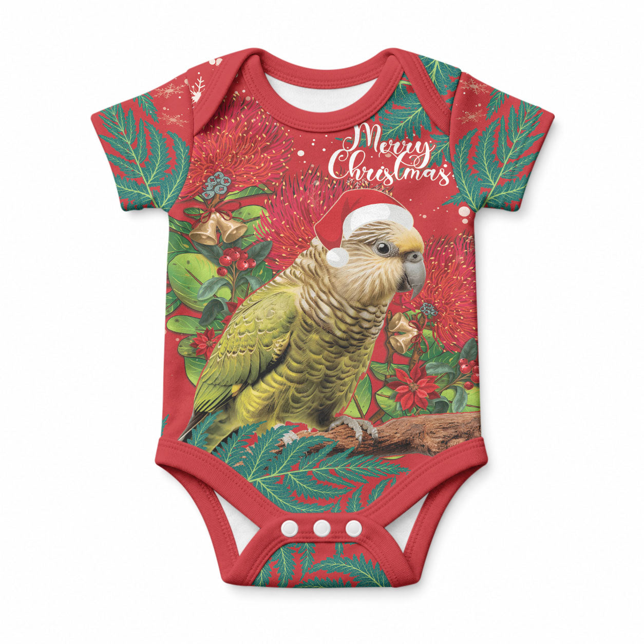 Personalised New Zealand Kakapo Christmas Baby Onesie Meri Kirihimete Silver Fern Mix Pohutukawa LT14 Red - Polynesian Pride