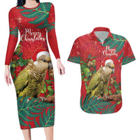Personalised New Zealand Kakapo Christmas Couples Matching Long Sleeve Bodycon Dress and Hawaiian Shirt Meri Kirihimete Silver Fern Mix Pohutukawa LT14 Red - Polynesian Pride