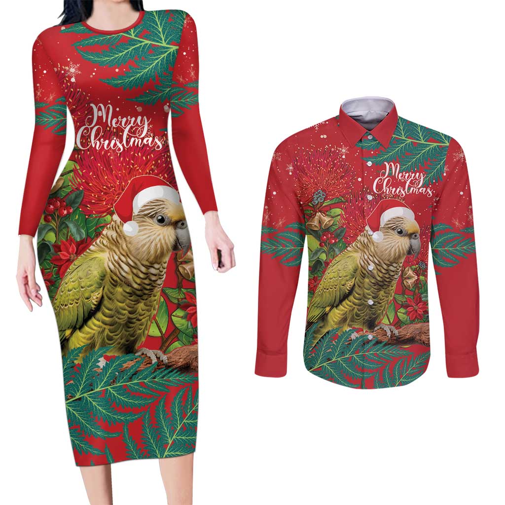 Personalised New Zealand Kakapo Christmas Couples Matching Long Sleeve Bodycon Dress and Long Sleeve Button Shirt Meri Kirihimete Silver Fern Mix Pohutukawa LT14 Red - Polynesian Pride