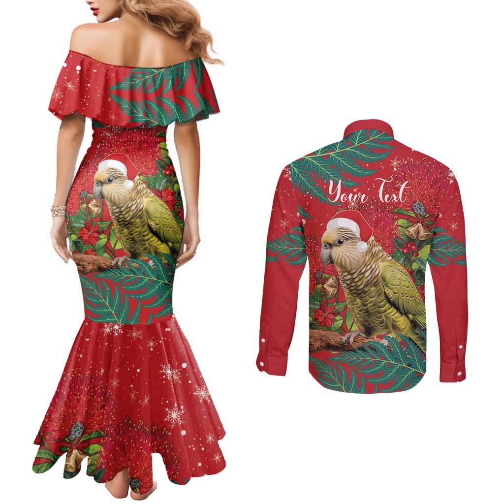 Personalised New Zealand Kakapo Christmas Couples Matching Mermaid Dress and Long Sleeve Button Shirt Meri Kirihimete Silver Fern Mix Pohutukawa LT14 - Polynesian Pride