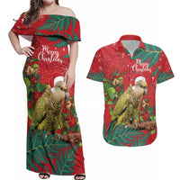 Personalised New Zealand Kakapo Christmas Couples Matching Off Shoulder Maxi Dress and Hawaiian Shirt Meri Kirihimete Silver Fern Mix Pohutukawa LT14 Red - Polynesian Pride