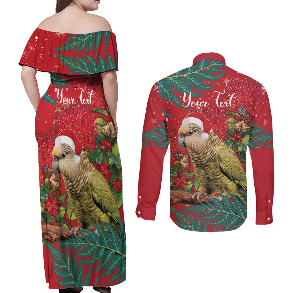 Personalised New Zealand Kakapo Christmas Couples Matching Off Shoulder Maxi Dress and Long Sleeve Button Shirt Meri Kirihimete Silver Fern Mix Pohutukawa LT14 - Polynesian Pride