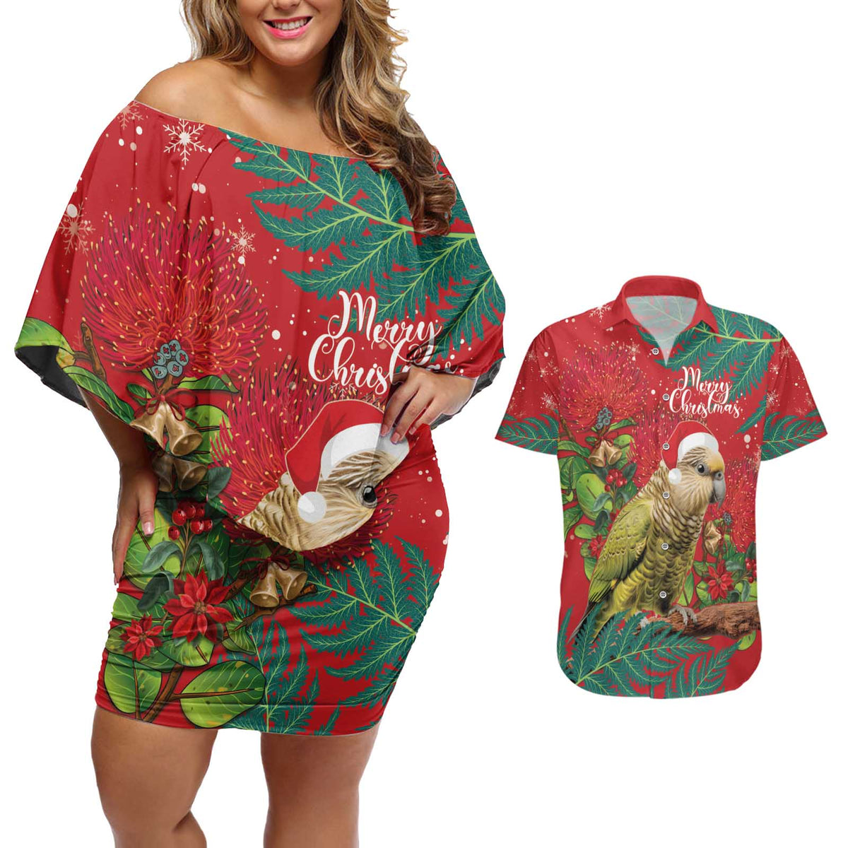 Personalised New Zealand Kakapo Christmas Couples Matching Off Shoulder Short Dress and Hawaiian Shirt Meri Kirihimete Silver Fern Mix Pohutukawa LT14 Red - Polynesian Pride