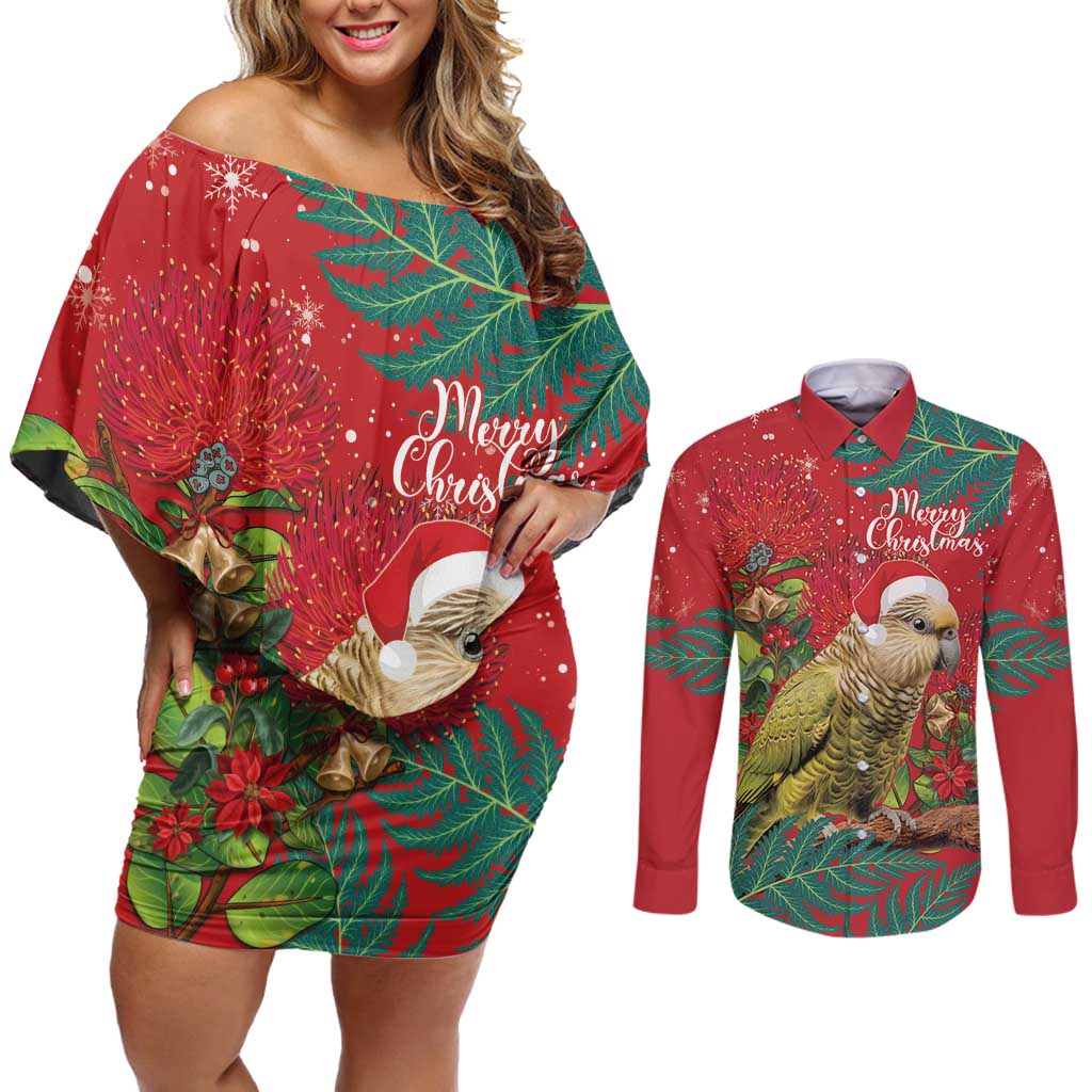 Personalised New Zealand Kakapo Christmas Couples Matching Off Shoulder Short Dress and Long Sleeve Button Shirt Meri Kirihimete Silver Fern Mix Pohutukawa LT14 Red - Polynesian Pride