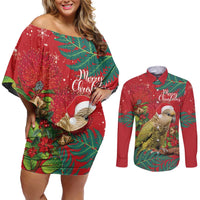 Personalised New Zealand Kakapo Christmas Couples Matching Off Shoulder Short Dress and Long Sleeve Button Shirt Meri Kirihimete Silver Fern Mix Pohutukawa LT14 Red - Polynesian Pride