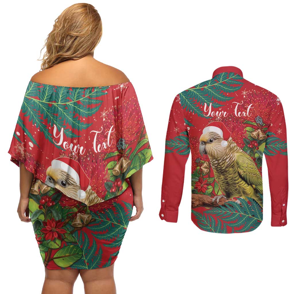 Personalised New Zealand Kakapo Christmas Couples Matching Off Shoulder Short Dress and Long Sleeve Button Shirt Meri Kirihimete Silver Fern Mix Pohutukawa LT14 - Polynesian Pride