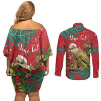 Personalised New Zealand Kakapo Christmas Couples Matching Off Shoulder Short Dress and Long Sleeve Button Shirt Meri Kirihimete Silver Fern Mix Pohutukawa LT14 - Polynesian Pride