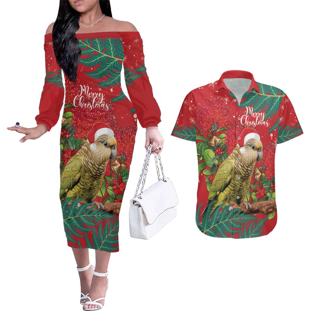 Personalised New Zealand Kakapo Christmas Couples Matching Off The Shoulder Long Sleeve Dress and Hawaiian Shirt Meri Kirihimete Silver Fern Mix Pohutukawa LT14 Red - Polynesian Pride