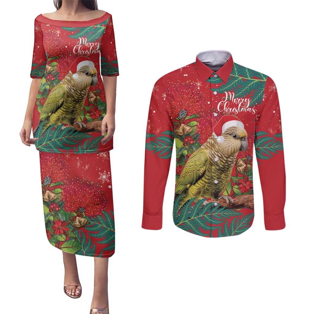 Personalised New Zealand Kakapo Christmas Couples Matching Puletasi and Long Sleeve Button Shirt Meri Kirihimete Silver Fern Mix Pohutukawa LT14 Red - Polynesian Pride