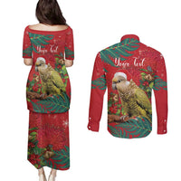 Personalised New Zealand Kakapo Christmas Couples Matching Puletasi and Long Sleeve Button Shirt Meri Kirihimete Silver Fern Mix Pohutukawa LT14 - Polynesian Pride