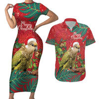 Personalised New Zealand Kakapo Christmas Couples Matching Short Sleeve Bodycon Dress and Hawaiian Shirt Meri Kirihimete Silver Fern Mix Pohutukawa LT14 Red - Polynesian Pride