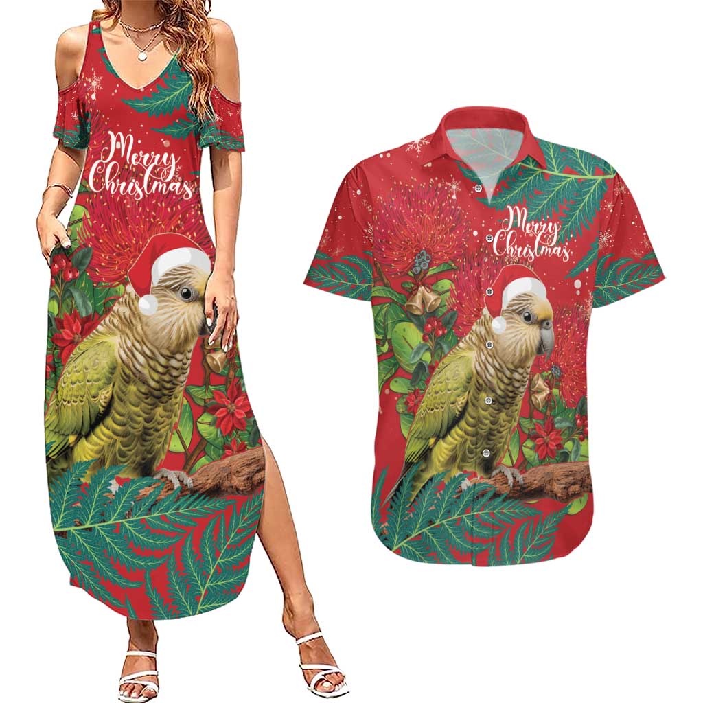 Personalised New Zealand Kakapo Christmas Couples Matching Summer Maxi Dress and Hawaiian Shirt Meri Kirihimete Silver Fern Mix Pohutukawa LT14 Red - Polynesian Pride