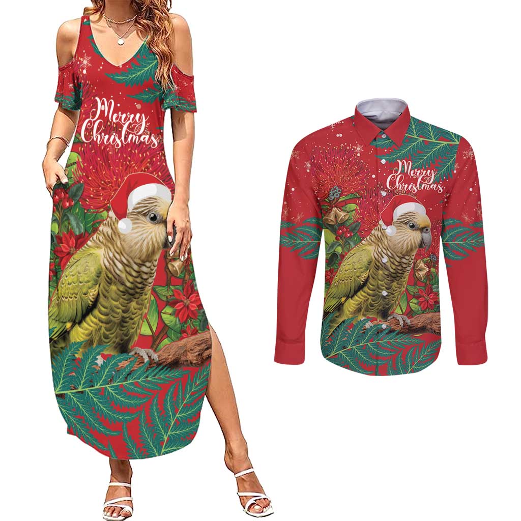 Personalised New Zealand Kakapo Christmas Couples Matching Summer Maxi Dress and Long Sleeve Button Shirt Meri Kirihimete Silver Fern Mix Pohutukawa LT14 Red - Polynesian Pride