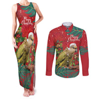 Personalised New Zealand Kakapo Christmas Couples Matching Tank Maxi Dress and Long Sleeve Button Shirt Meri Kirihimete Silver Fern Mix Pohutukawa LT14 Red - Polynesian Pride