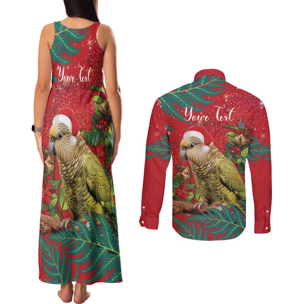 Personalised New Zealand Kakapo Christmas Couples Matching Tank Maxi Dress and Long Sleeve Button Shirt Meri Kirihimete Silver Fern Mix Pohutukawa LT14 - Polynesian Pride