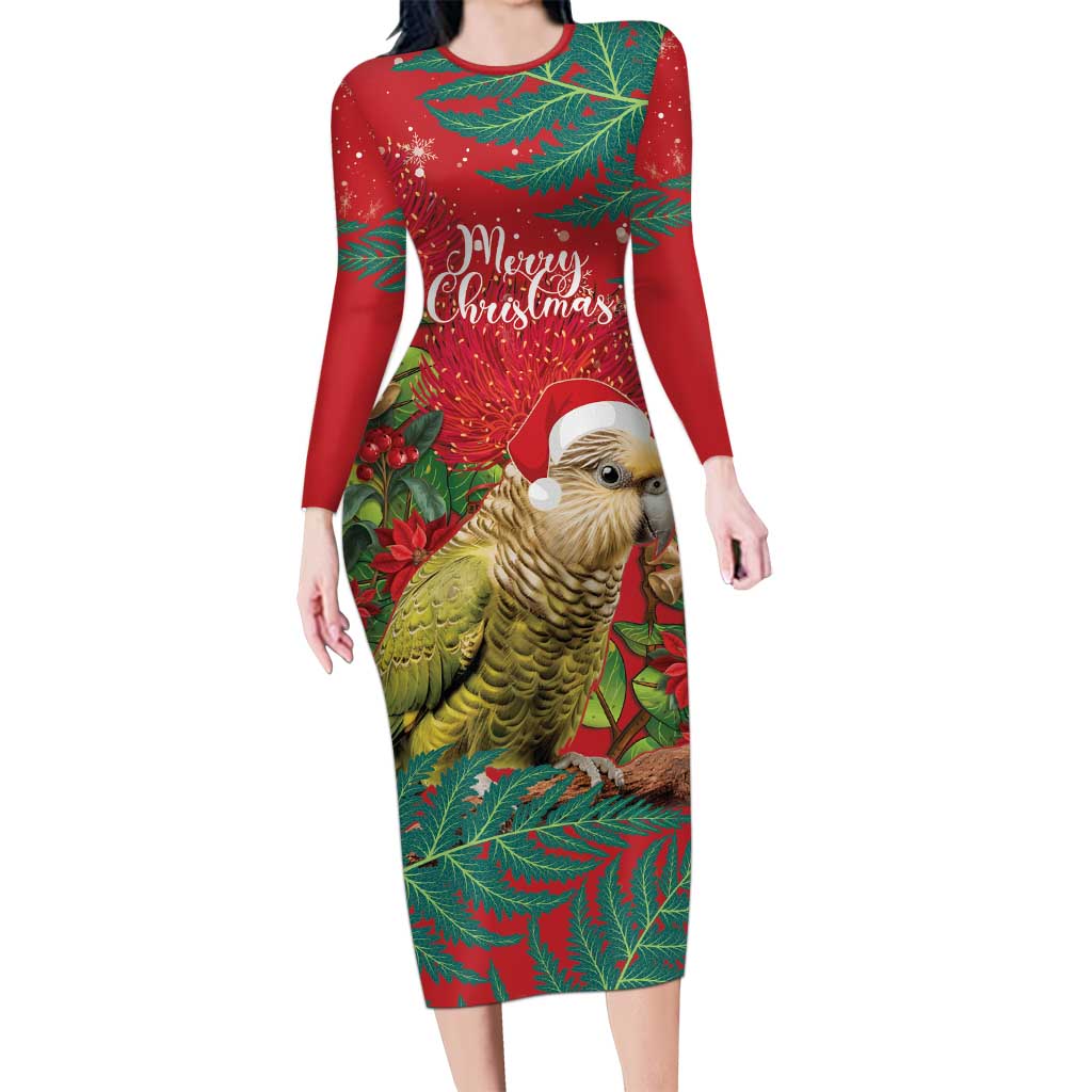 Personalised New Zealand Kakapo Christmas Family Matching Long Sleeve Bodycon Dress and Hawaiian Shirt Meri Kirihimete Silver Fern Mix Pohutukawa LT14 Mom's Dress Red - Polynesian Pride
