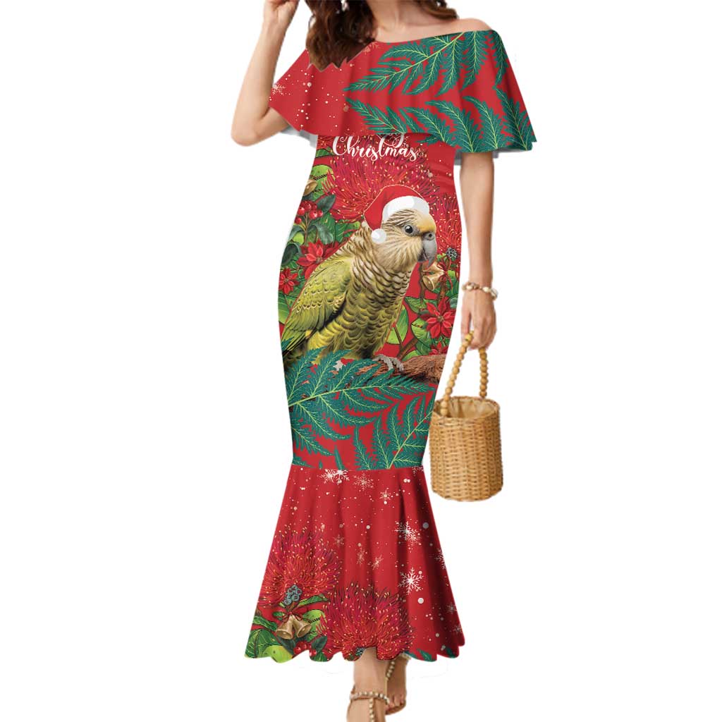 Personalised New Zealand Kakapo Christmas Family Matching Mermaid Dress and Hawaiian Shirt Meri Kirihimete Silver Fern Mix Pohutukawa LT14 Mom's Dress Red - Polynesian Pride