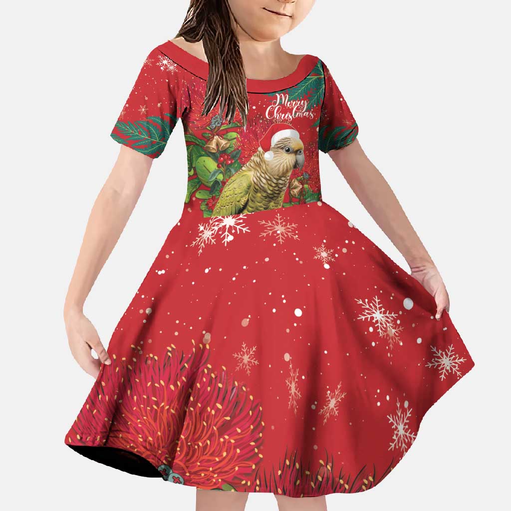 Personalised New Zealand Kakapo Christmas Family Matching Off Shoulder Maxi Dress and Hawaiian Shirt Meri Kirihimete Silver Fern Mix Pohutukawa LT14 Daughter's Dress Red - Polynesian Pride