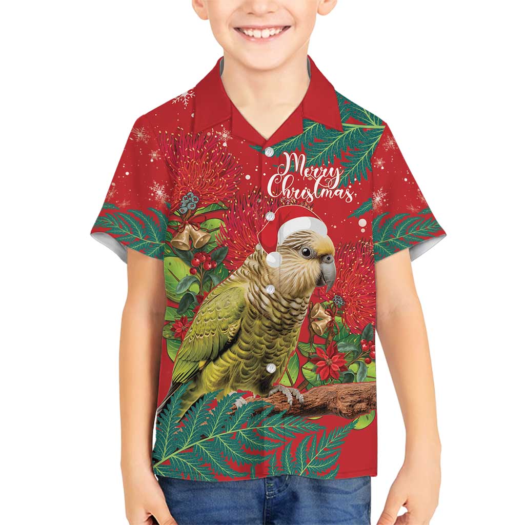 Personalised New Zealand Kakapo Christmas Family Matching Off Shoulder Maxi Dress and Hawaiian Shirt Meri Kirihimete Silver Fern Mix Pohutukawa LT14 Son's Shirt Red - Polynesian Pride