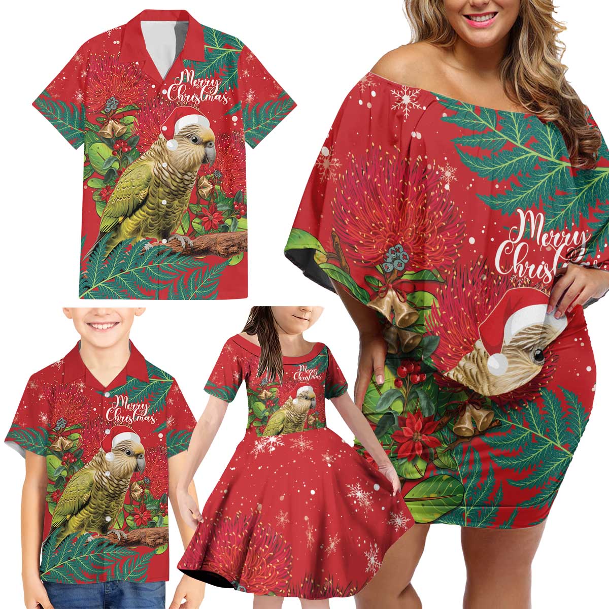 Personalised New Zealand Kakapo Christmas Family Matching Off Shoulder Short Dress and Hawaiian Shirt Meri Kirihimete Silver Fern Mix Pohutukawa LT14 - Polynesian Pride