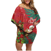 Personalised New Zealand Kakapo Christmas Family Matching Off Shoulder Short Dress and Hawaiian Shirt Meri Kirihimete Silver Fern Mix Pohutukawa LT14 Mom's Dress Red - Polynesian Pride