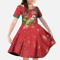 Personalised New Zealand Kakapo Christmas Family Matching Short Sleeve Bodycon Dress and Hawaiian Shirt Meri Kirihimete Silver Fern Mix Pohutukawa LT14 Daughter's Dress Red - Polynesian Pride