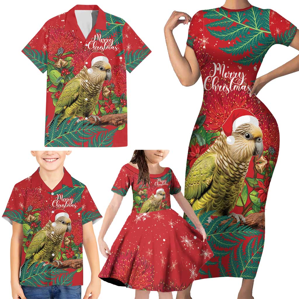 Personalised New Zealand Kakapo Christmas Family Matching Short Sleeve Bodycon Dress and Hawaiian Shirt Meri Kirihimete Silver Fern Mix Pohutukawa LT14 - Polynesian Pride