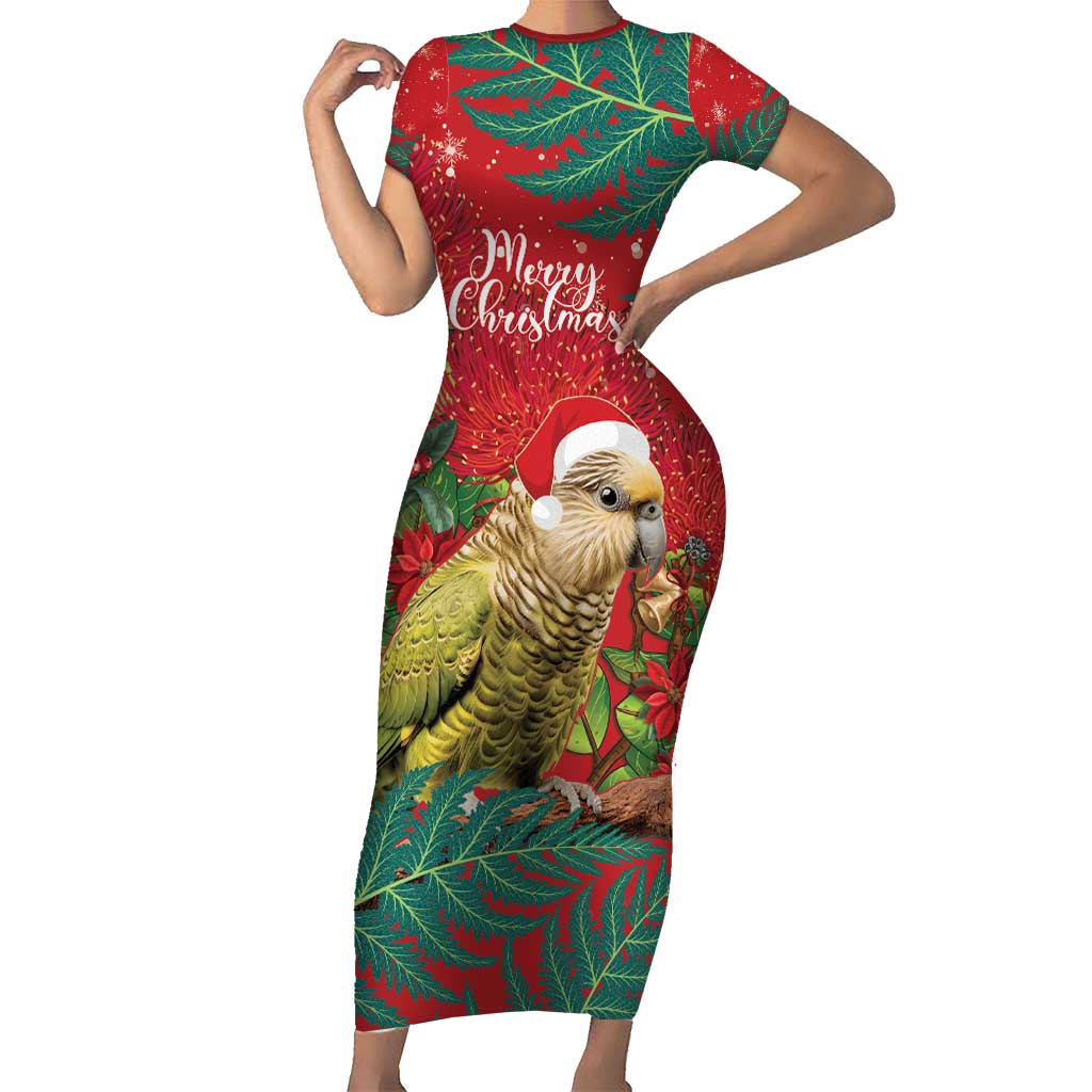 Personalised New Zealand Kakapo Christmas Family Matching Short Sleeve Bodycon Dress and Hawaiian Shirt Meri Kirihimete Silver Fern Mix Pohutukawa LT14 Mom's Dress Red - Polynesian Pride