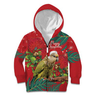 Personalised New Zealand Kakapo Christmas Kid Hoodie Meri Kirihimete Silver Fern Mix Pohutukawa LT14 Zip Hoodie Red - Polynesian Pride