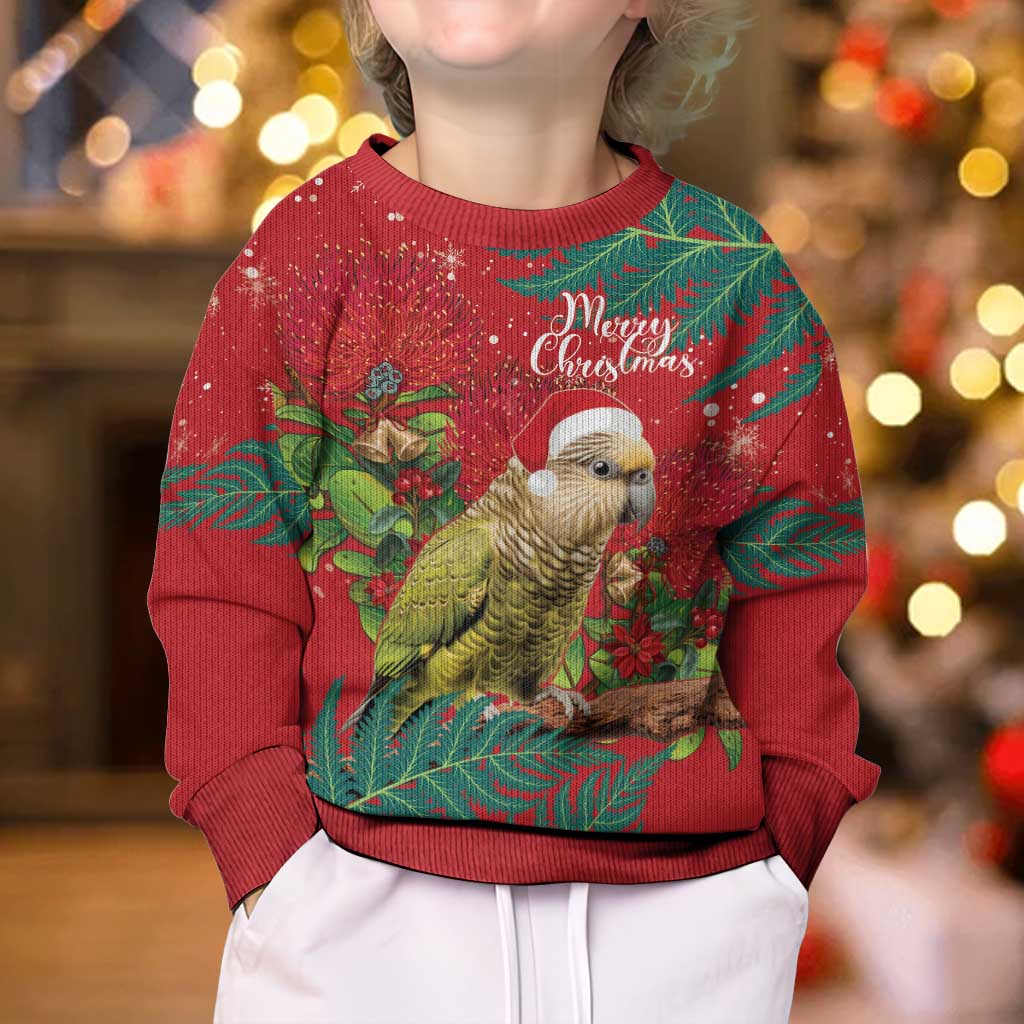 Personalised New Zealand Kakapo Christmas Kid Ugly Christmas Sweater Meri Kirihimete Silver Fern Mix Pohutukawa LT14 - Polynesian Pride
