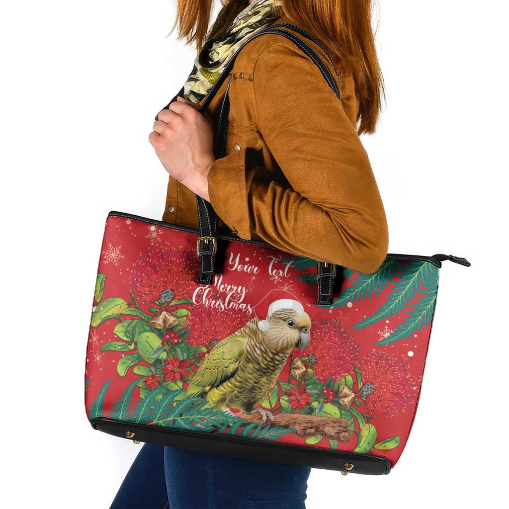 Personalised New Zealand Kakapo Christmas Leather Tote Bag Meri Kirihimete Silver Fern Mix Pohutukawa LT14 Red - Polynesian Pride